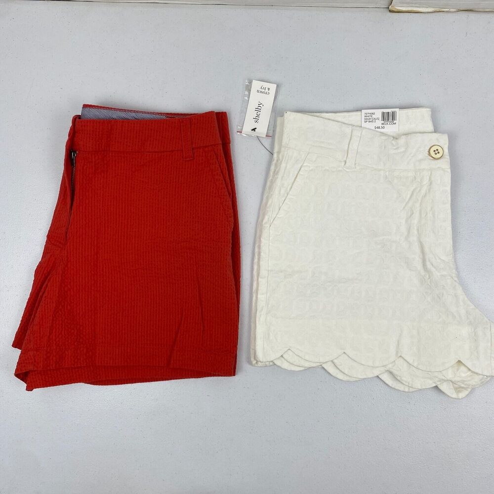 Crown & Ivy Shorts Women Size 14P Lot Of 2 White Shelby Scallop NEW Carolina Red